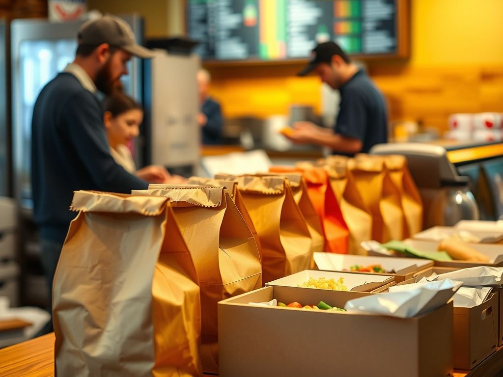 Plain brown paper takeaway bags and boxed meals ready on a restaurant counter.
