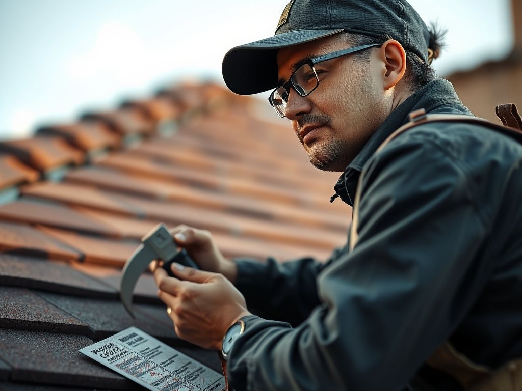 A roofer repairing a roof with tools.