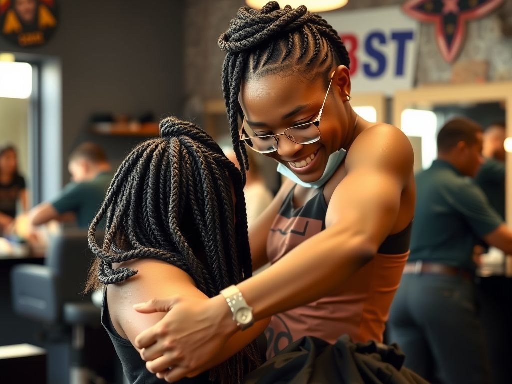 A Jamaican hairstylist braiding a client's hair in a salon.