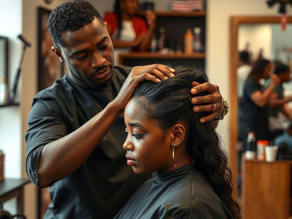 A Nigerian hairstylist styling a client's hair in a Lagos salon.