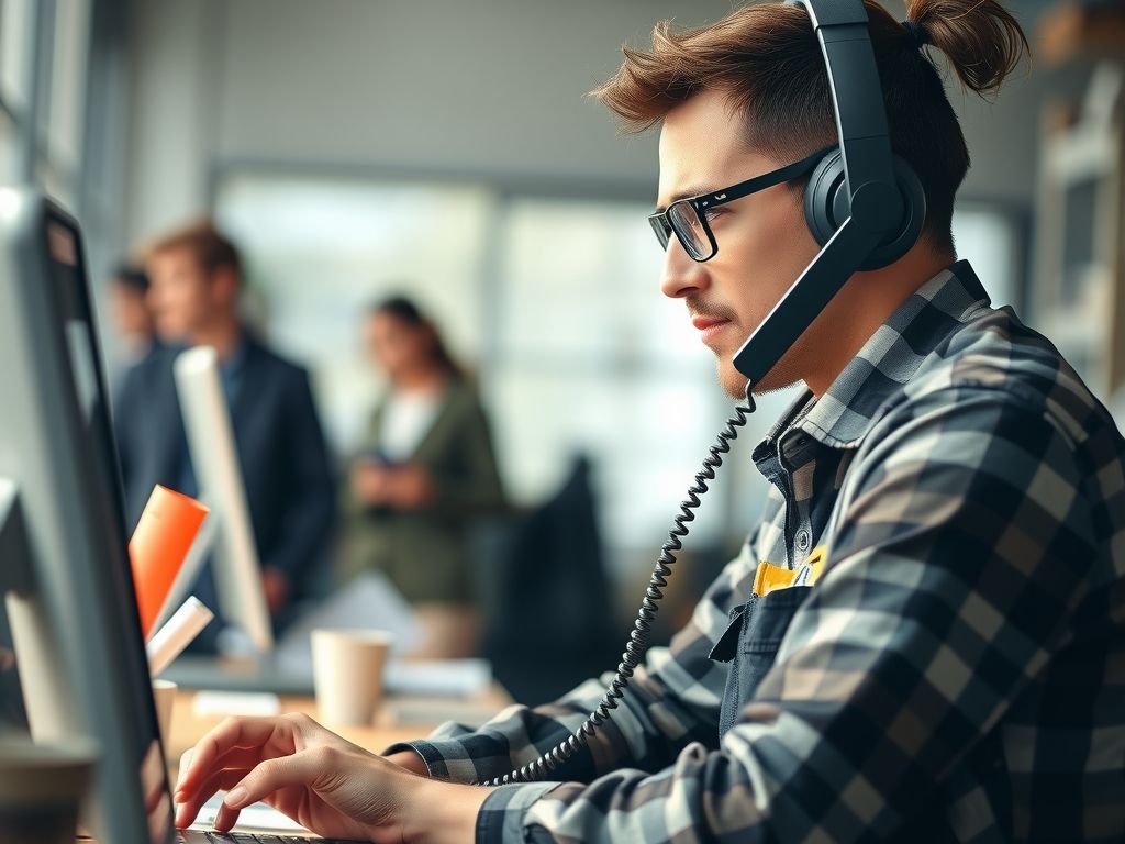 A service business owner on a job while a phone answers calls.