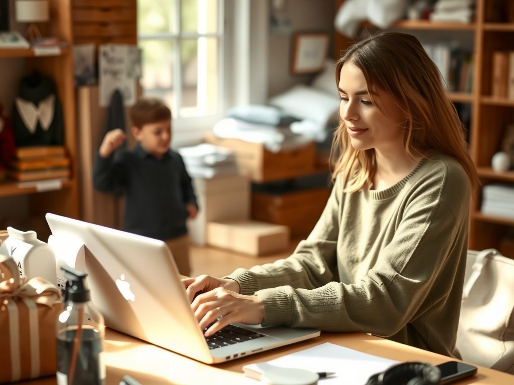 A seller launching her online store on a laptop surrounded by products.