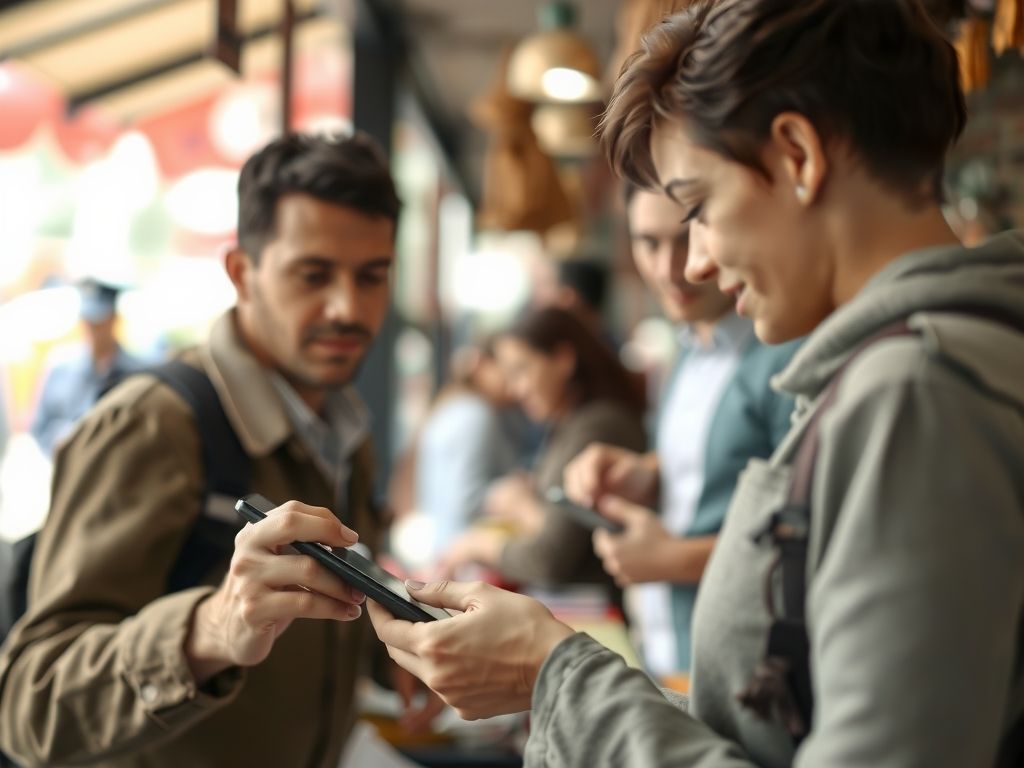 A customer tapping a card on a phone to pay at a market stall.