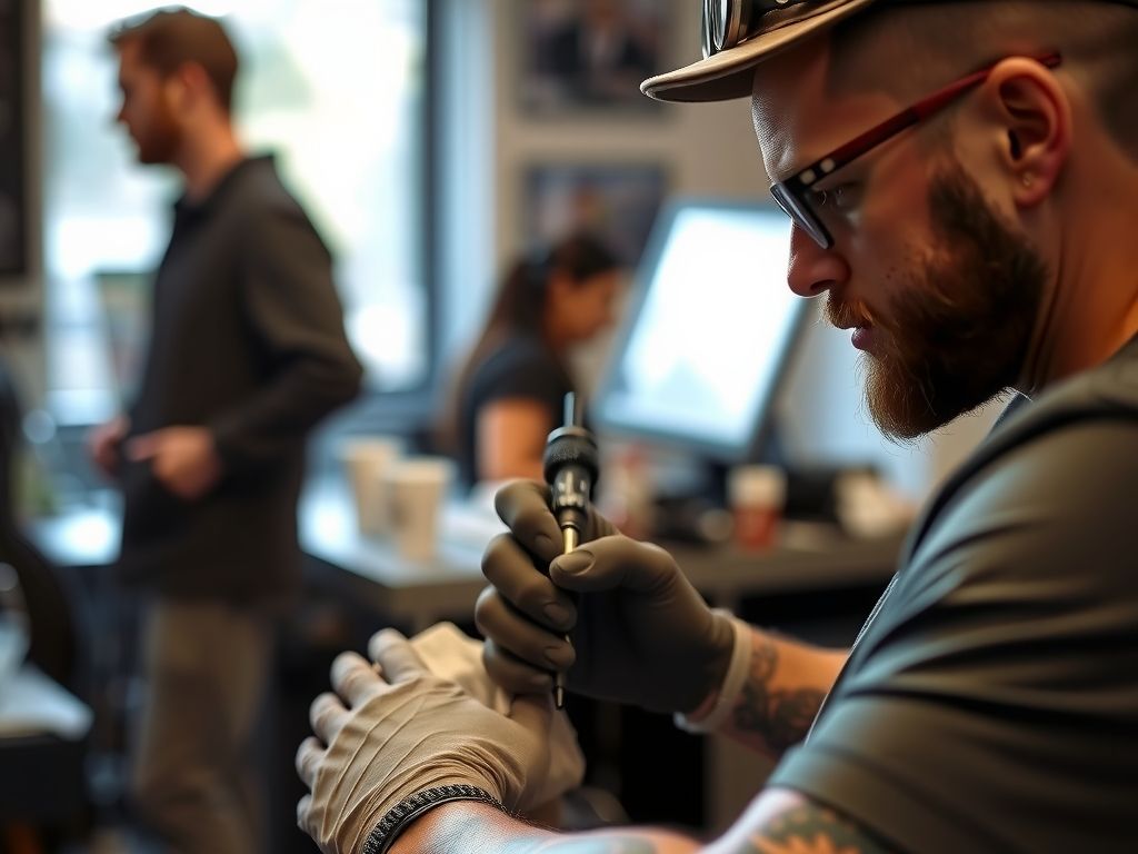 A tattoo artist working on a client's arm in a studio.
