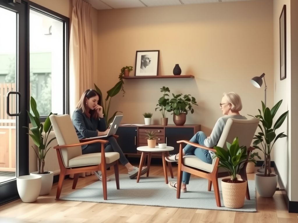A calm therapy office with two chairs and plants.