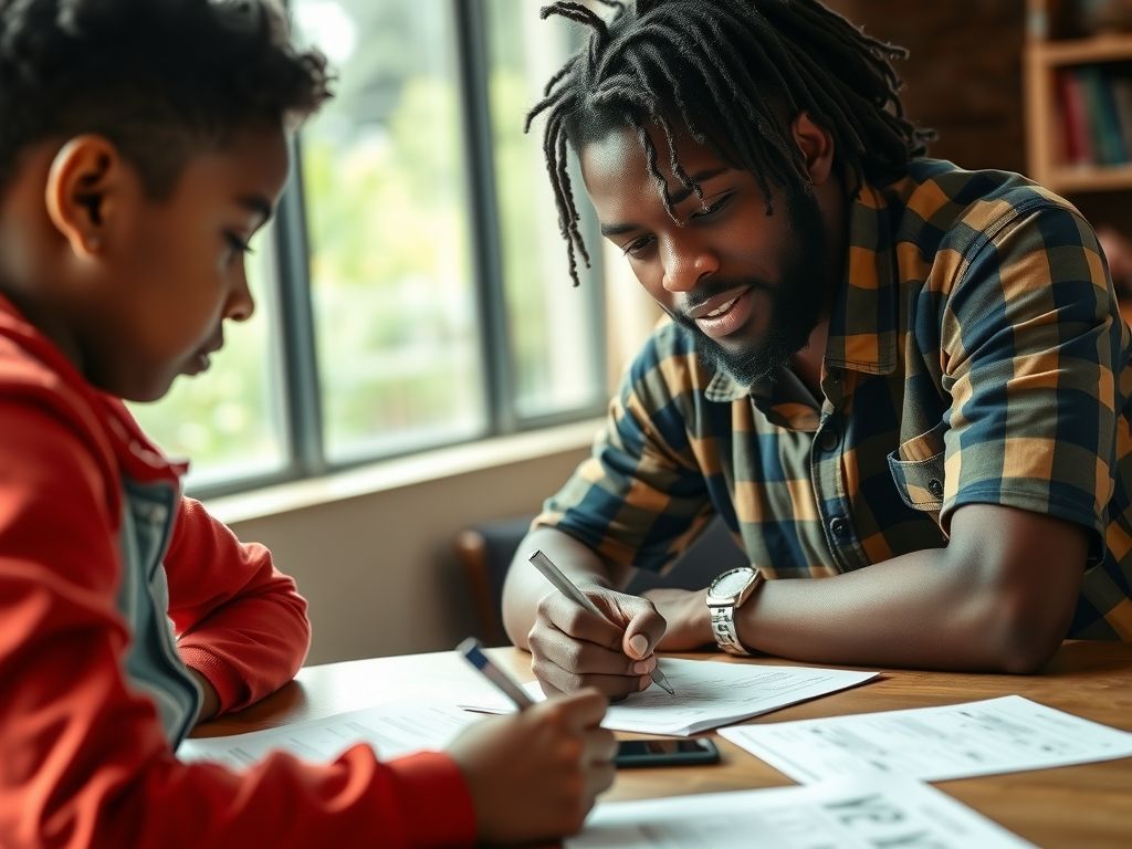 A Jamaican tutor helping a student with homework at a table.