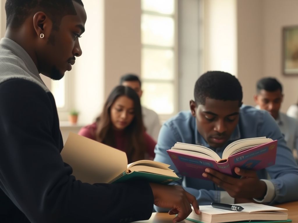 A Nigerian tutor teaching a student with books at a table.