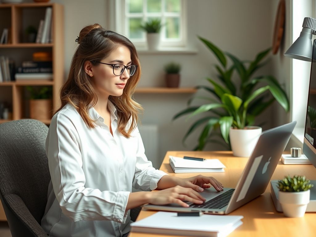 A virtual assistant working on a laptop at a tidy home desk.