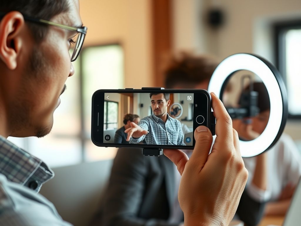 A UGC creator filming a product review on a phone with a ring light.
