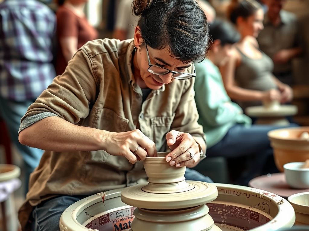 A crafter making pottery at a wheel.