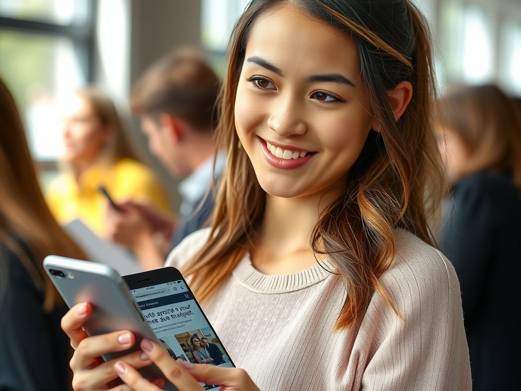A young creator holding a phone with her page open.