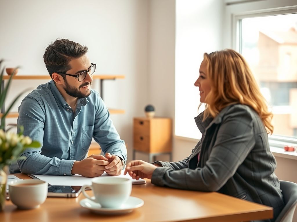 A marketer and a client planning a product launch together at a bright table with coffee.