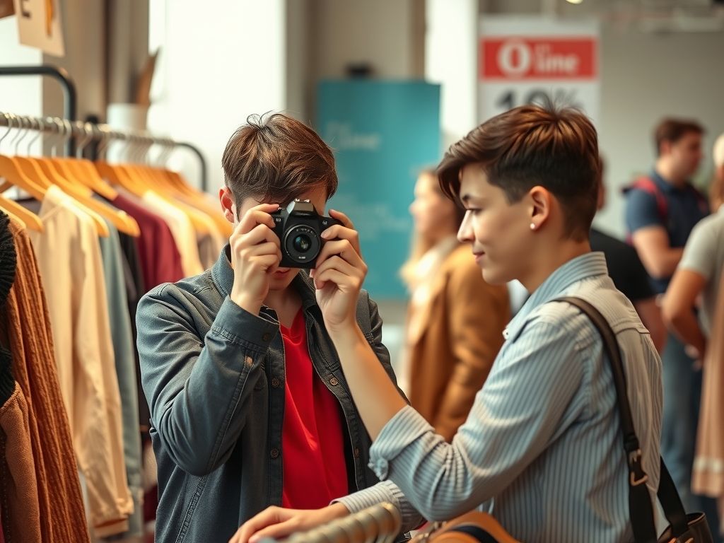 A young seller photographing vintage clothes on a rail.