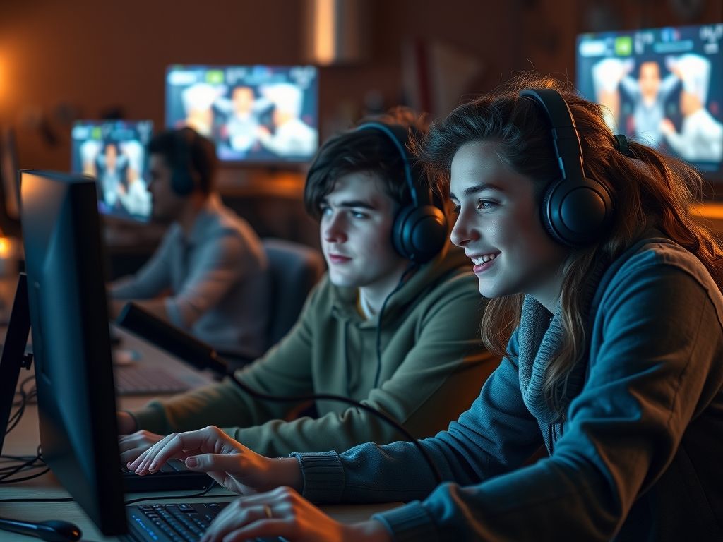 Friends gaming and chatting together online at night.