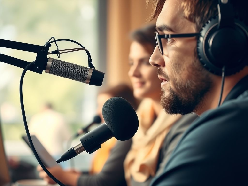 A creator speaking into a studio microphone with headphones.