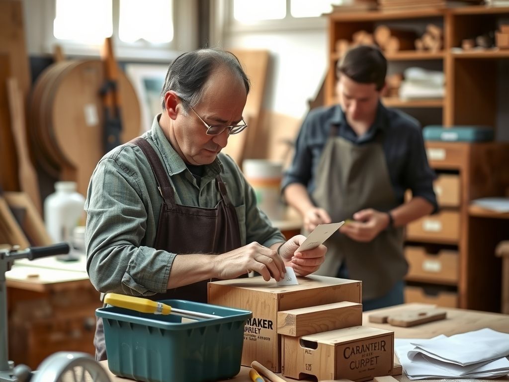 A maker packing a handmade order at a wooden workbench.