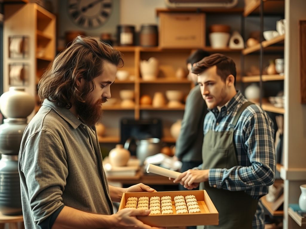 A maker showing a tray of products to a shop buyer.