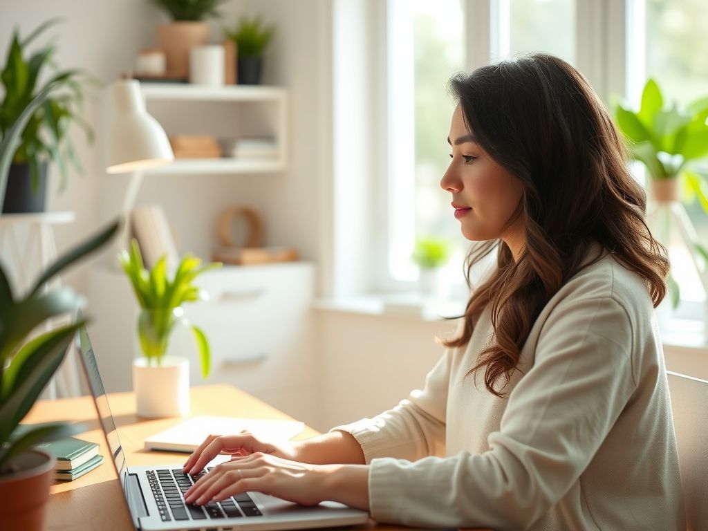 A freelancer working on a laptop in a bright home office.
