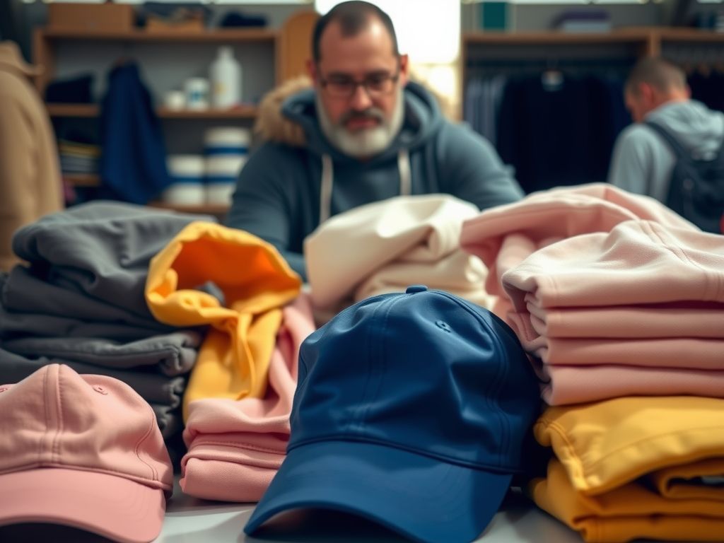 Plain coloured hoodies and caps folded on a table with a creator behind them.
