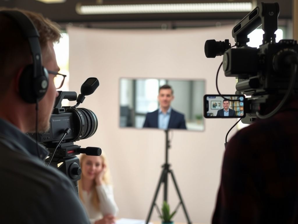 A presenter recording a talking video in front of a camera.