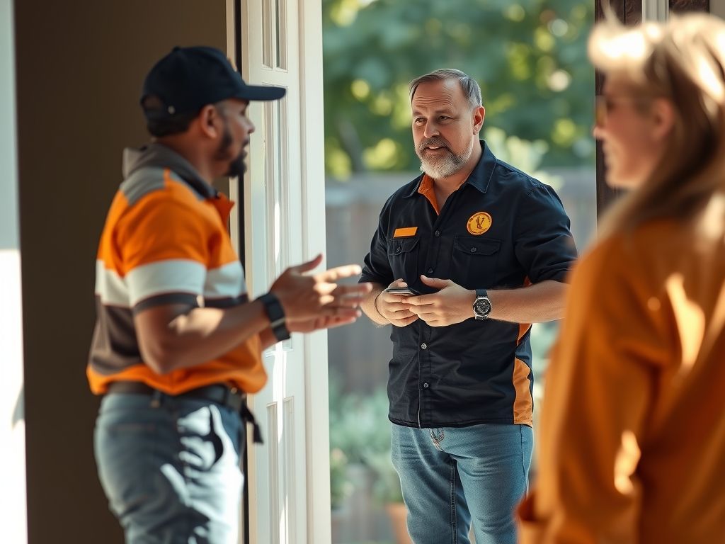 An HVAC technician talking to a homeowner at the door.