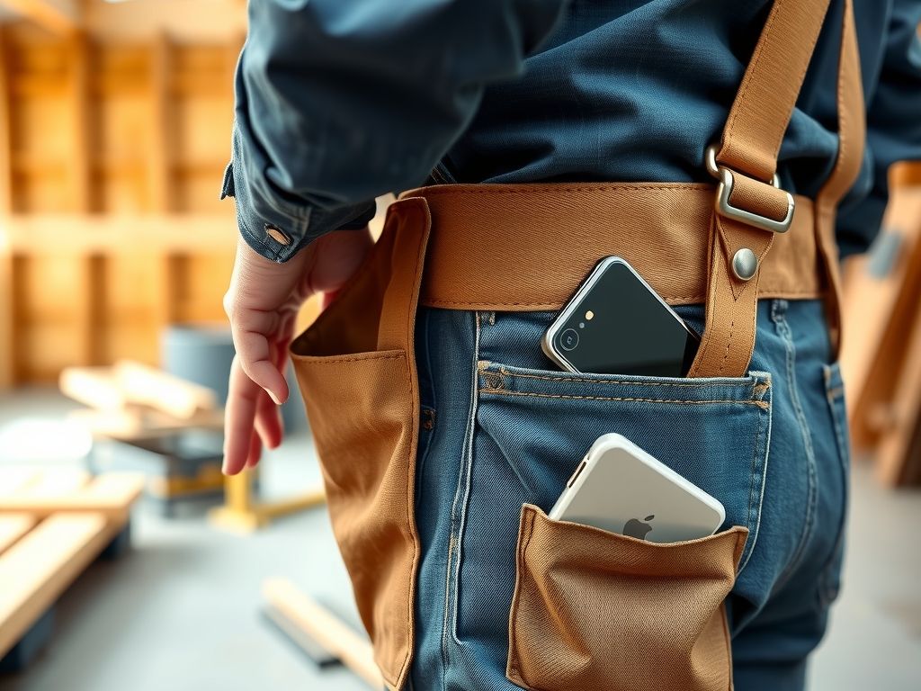 A tradesperson on a job while his phone rings in his pocket.