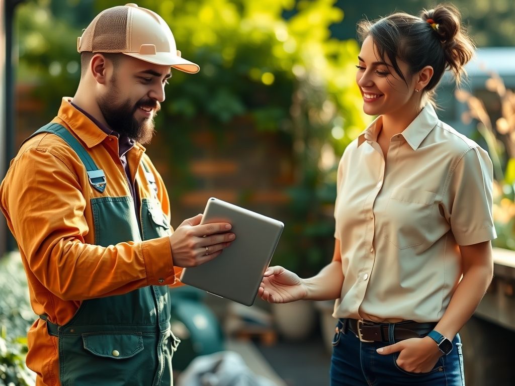 A landscaper handing a client a tablet to approve an invoice.