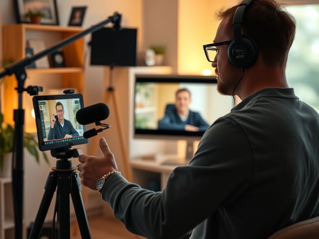 A coach recording a course video in a home studio.