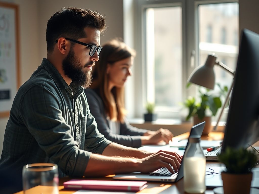 An online business owner planning a launch at a desk.