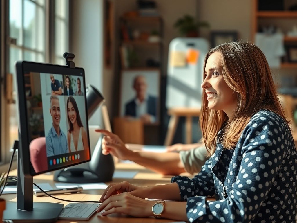 An artist thanking supporters on a video call at her desk.