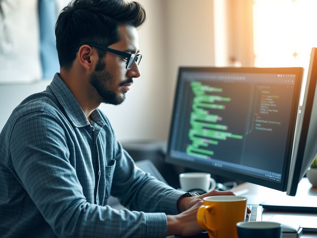 A software maker at a desk with code and a coffee.