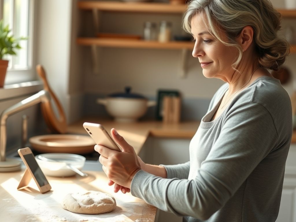 A mother kneading dough in a sunny home kitchen, talking to a smartphone propped on the counter, flour on her hands.