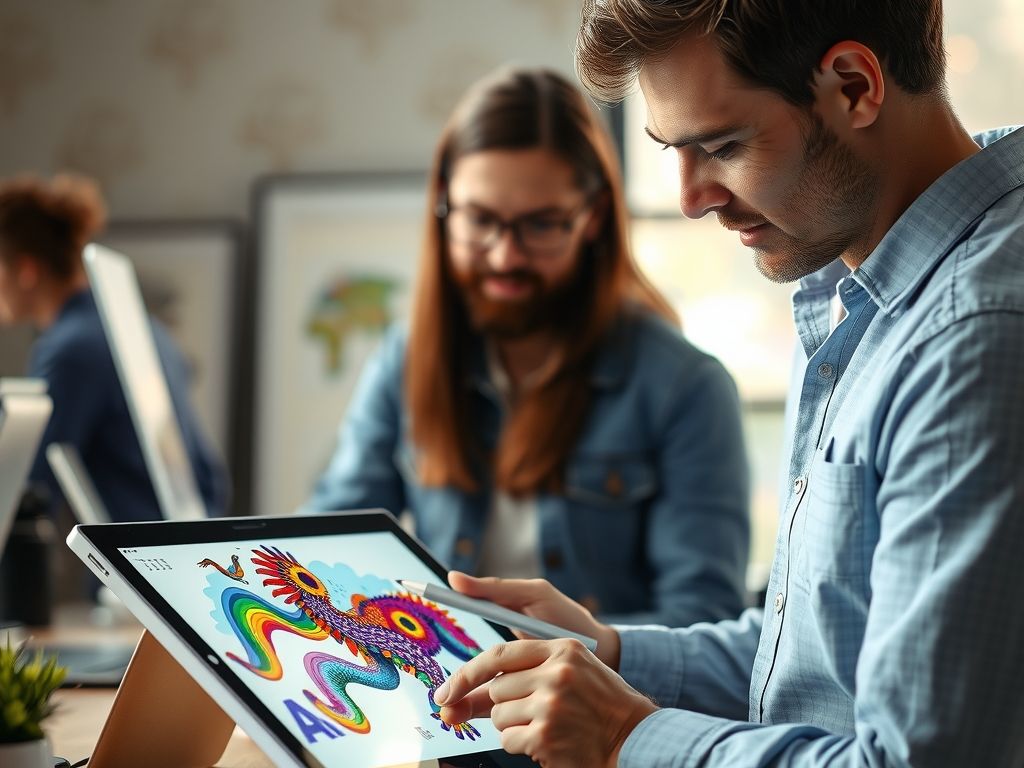 A designer looking at colourful AI artwork on a tablet.