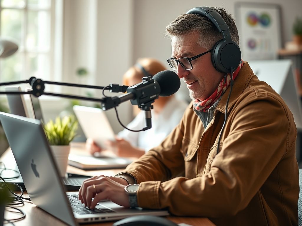 A podcaster cutting short clips on a laptop.