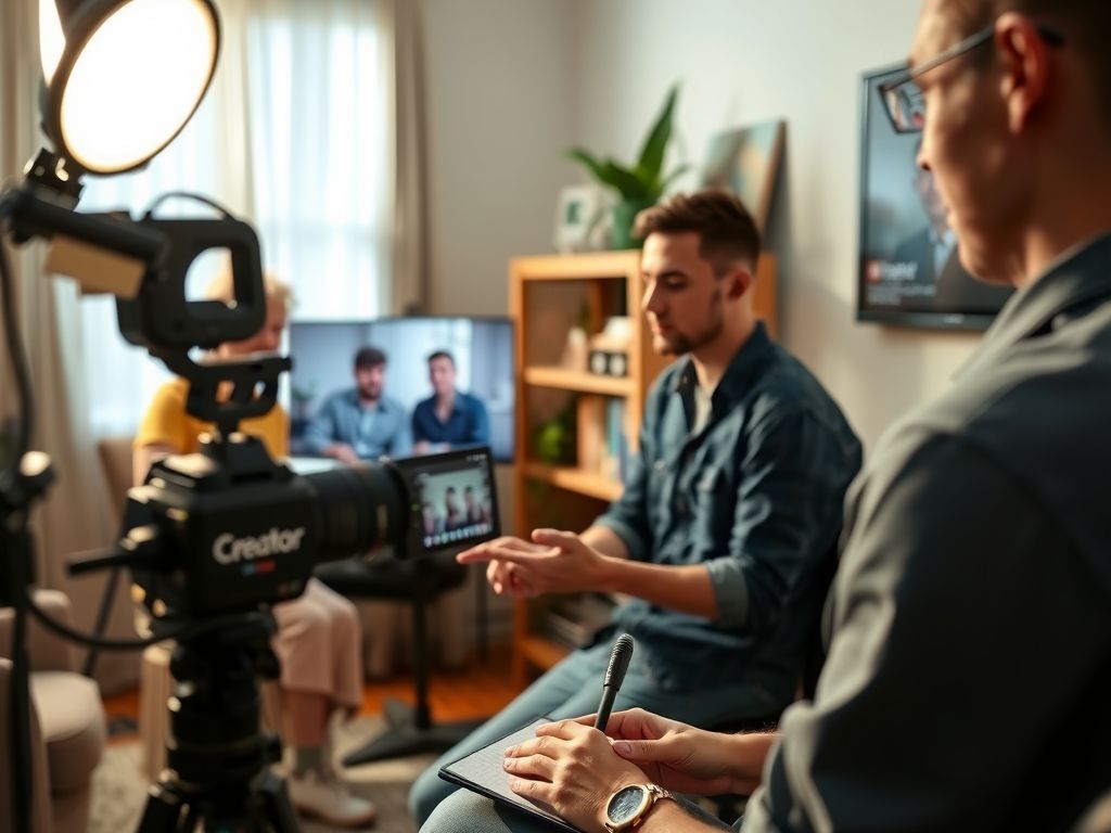 A creator recording a members-only video in a home studio.