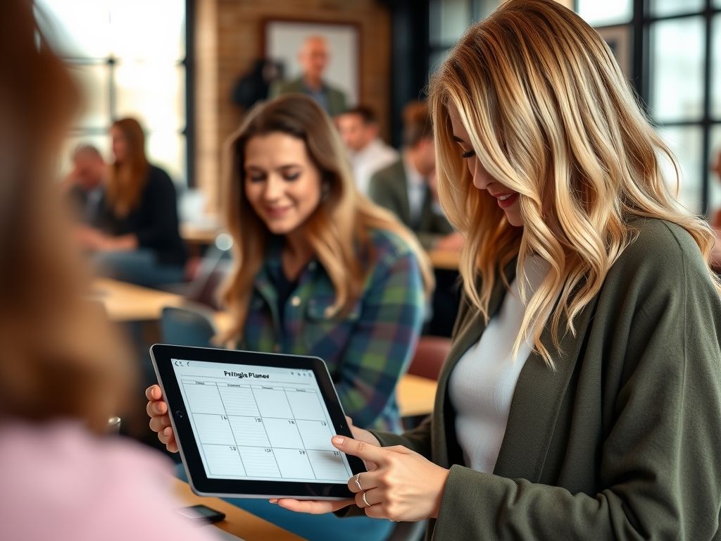 A designer selling printable planners from a tablet.