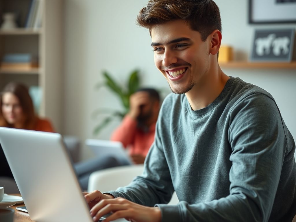 A young man smiling while chatting with an online community on his laptop at home.
