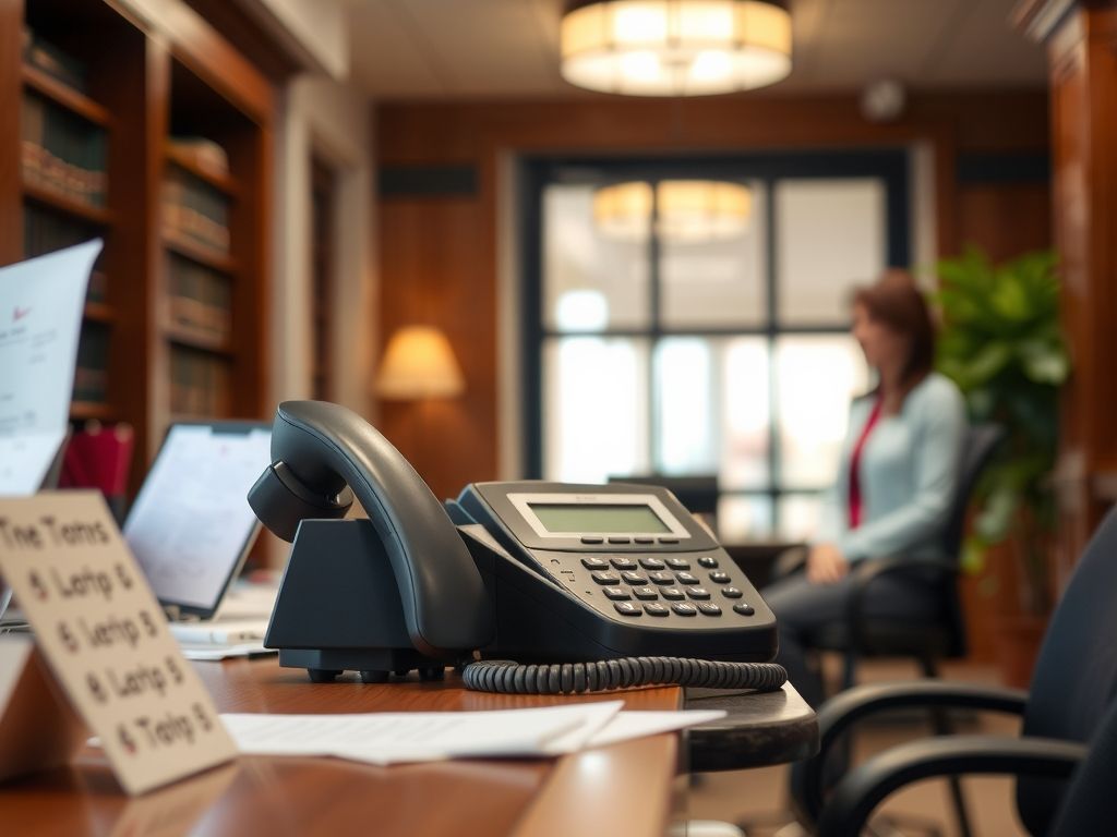 A law office reception desk with a ringing phone.