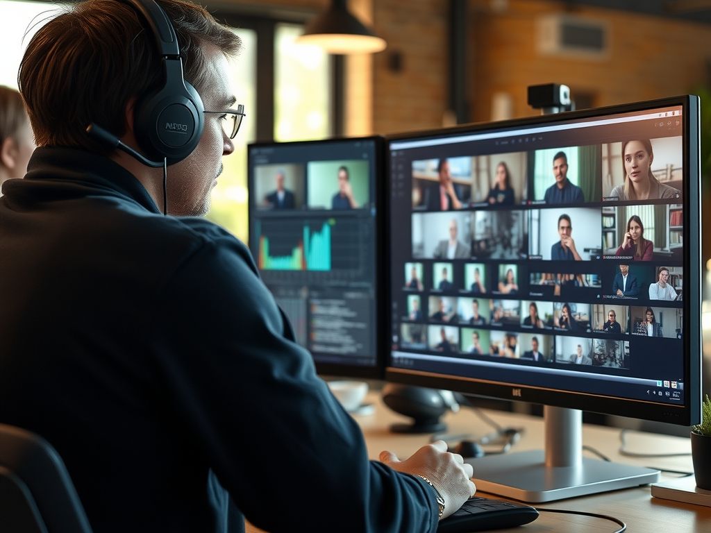 A video creator editing clips on a large monitor.