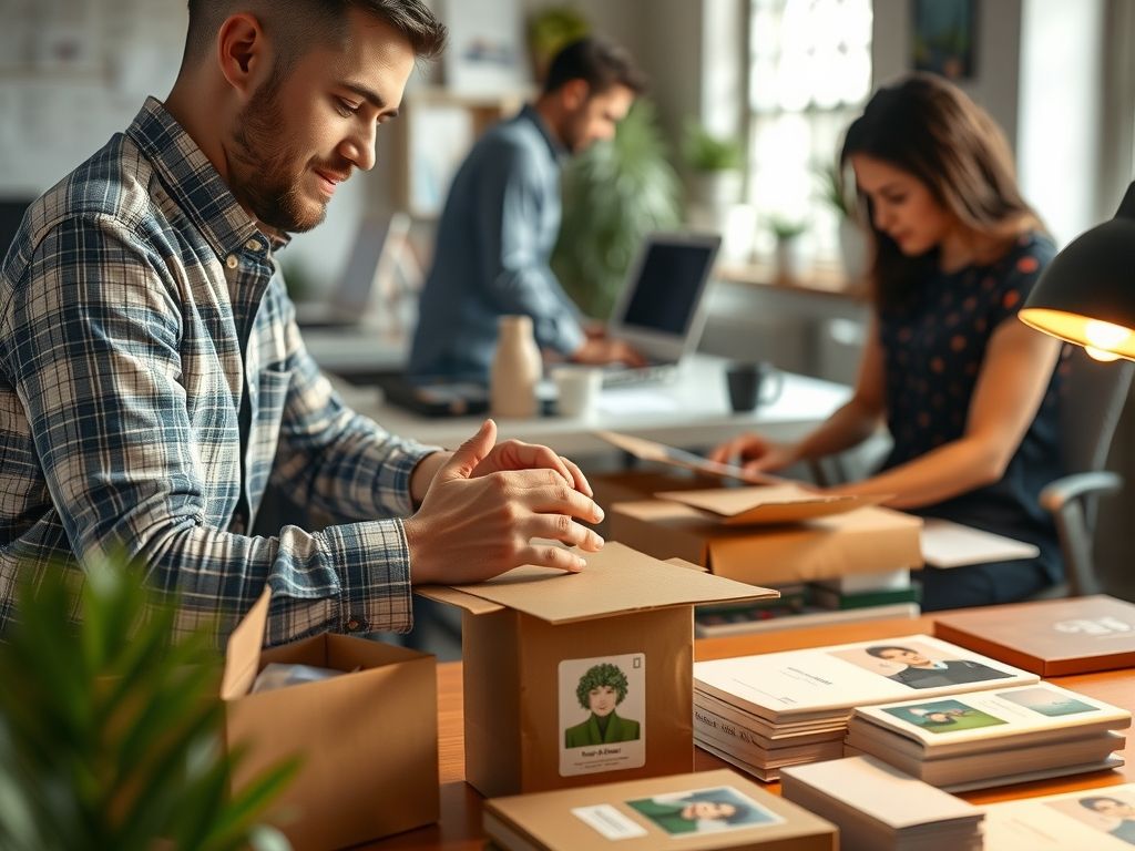 A creator packaging digital and physical products at a desk.