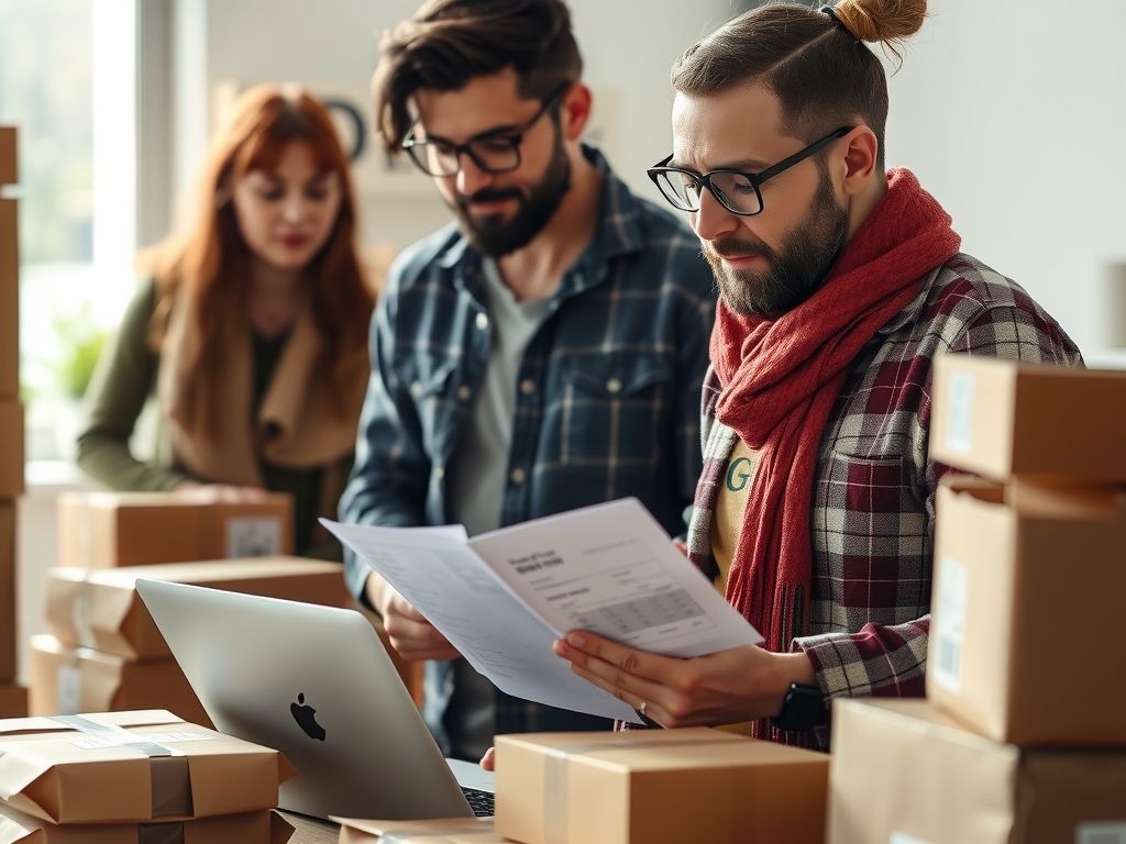 An online store owner comparing monthly costs on a laptop beside packed orders.