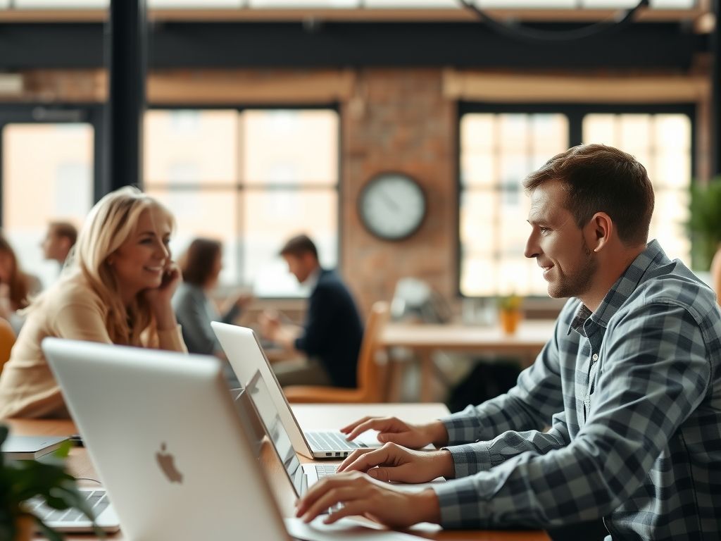 A remote community chatting on laptops at a co-working space.