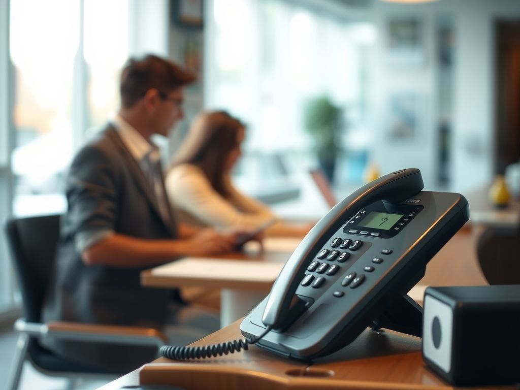 A small business phone ringing on a reception desk.