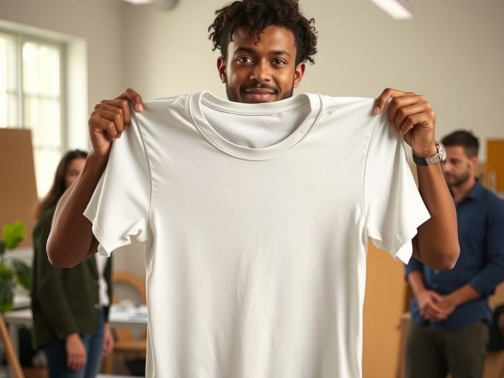 A creator holding up a plain t-shirt in a bright studio.