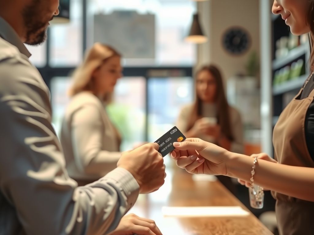 A customer tapping a card to pay at a cafe counter.