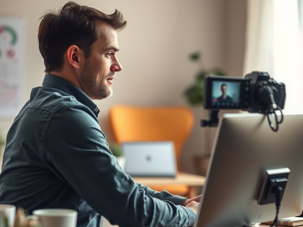 A trainer recording a training video at a desk.
