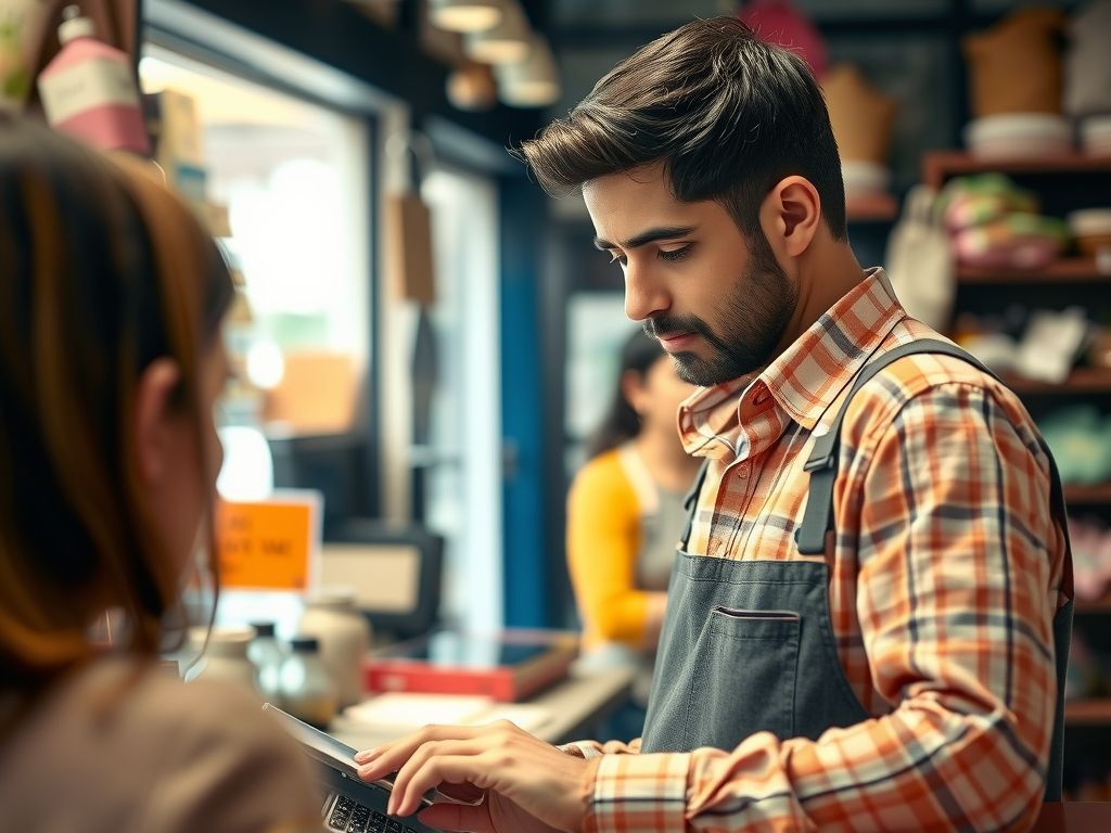 A small shop owner checking prices on a calculator behind the counter.