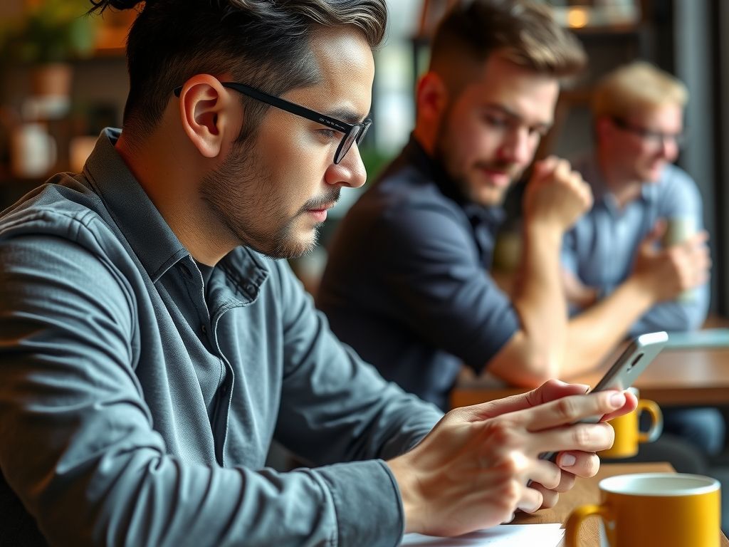 A founder writing short posts on a phone at a cafe.