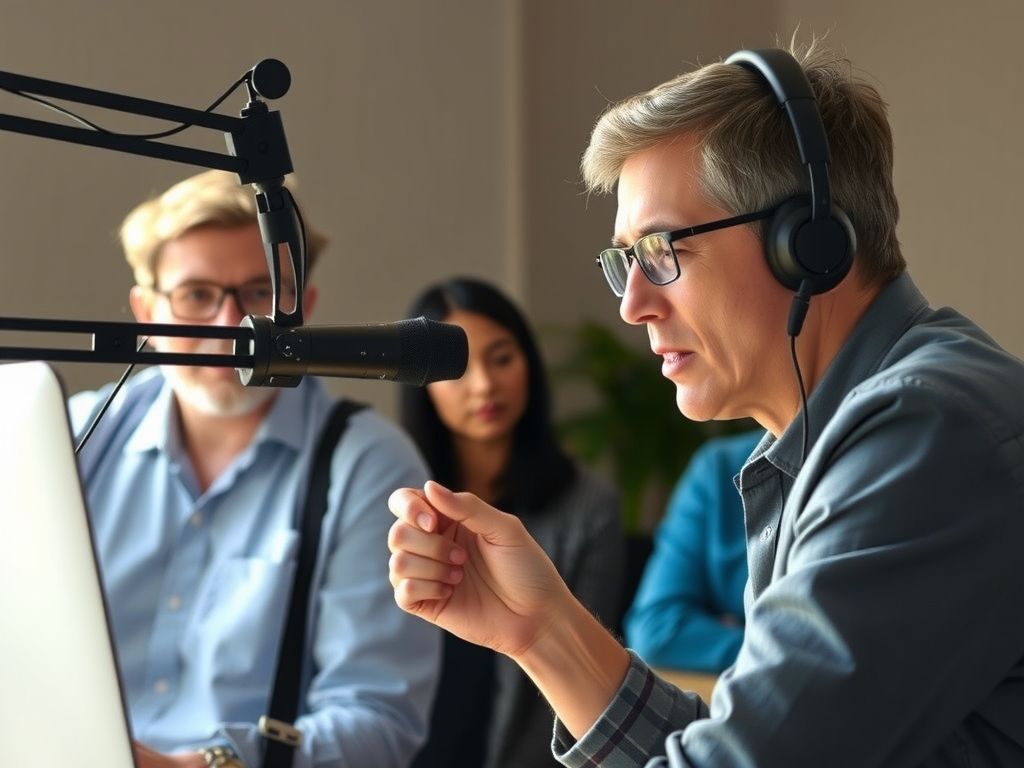 An instructor recording a lesson with a microphone.