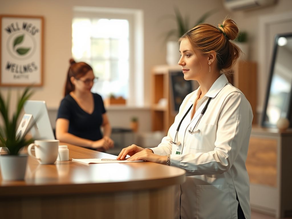 A wellness practitioner at a tidy reception desk.